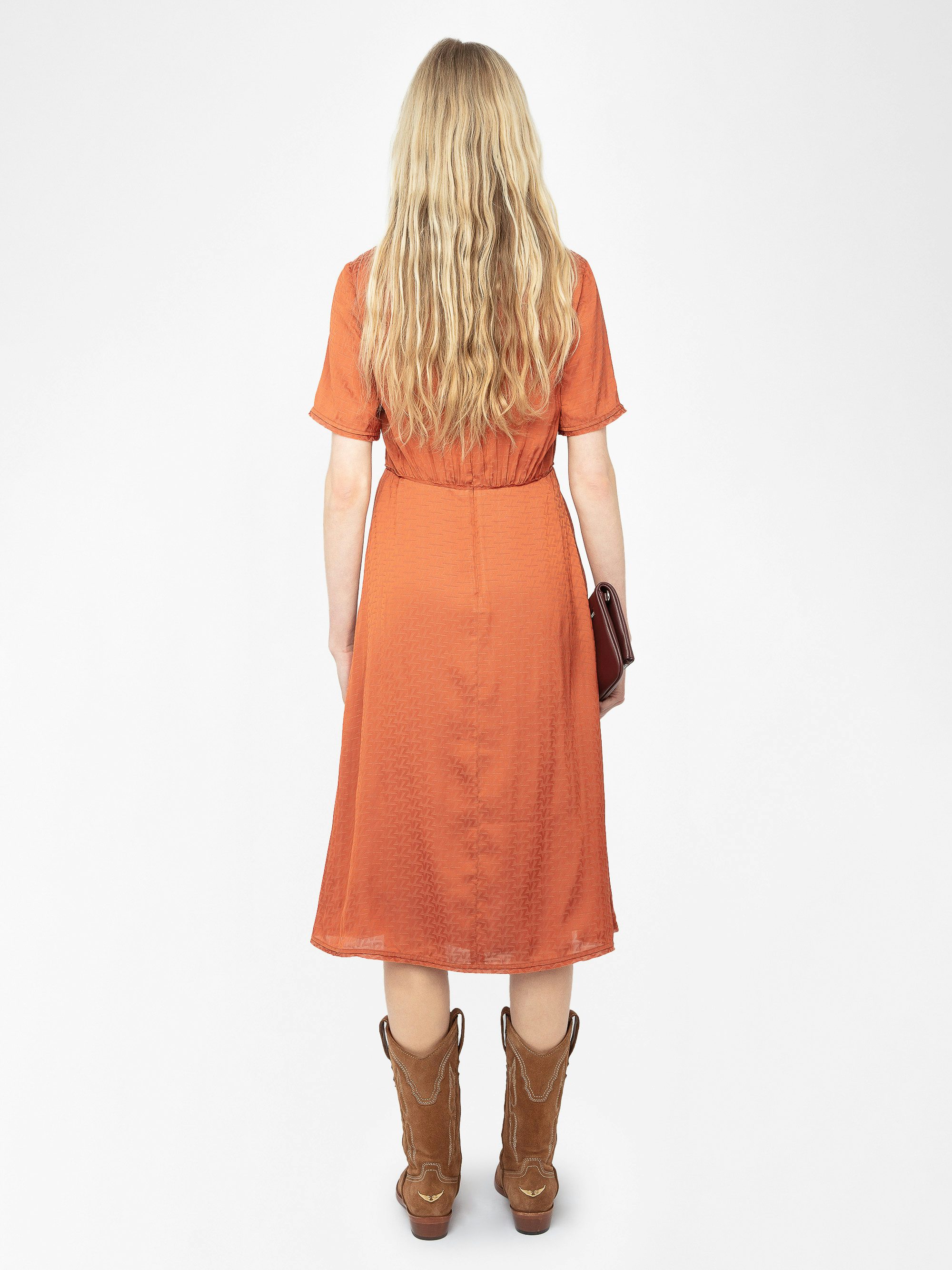 Rhodral Satin Dress - Mid-length dress in ZV jacquard satin, short sleeves and buttoned neckline.